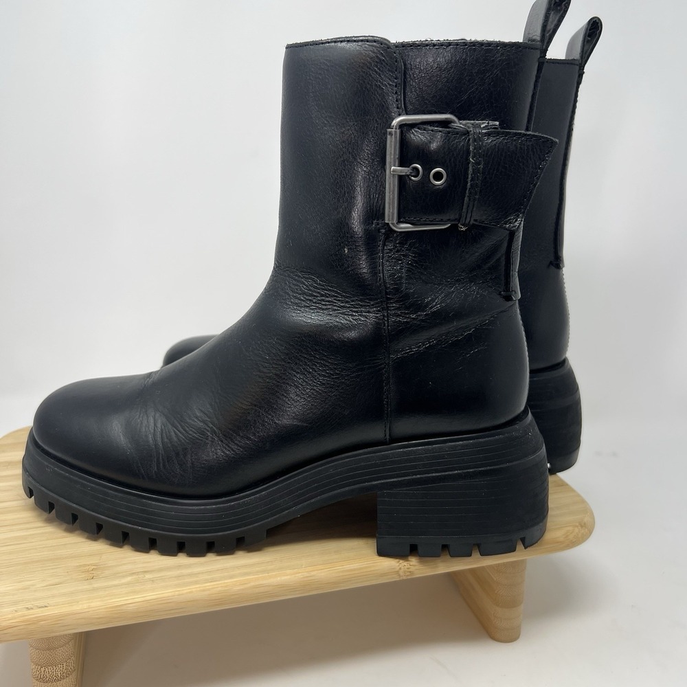 Black Leather Woman's 9 Chunky Combat Moto Platform Boots Y2k Franco Sarto